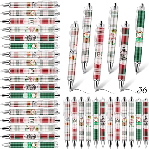 36 Pcs Christmas Pens Bulk Gift Cute Red and Green Buffalo Plaid Xmas Party Favors Retractable Ballpoint Gel Ink Pens Novelty Santa Claus for Adults Office Supplies Rewards Stockings Stuffers (Plaid) - style: Plaid