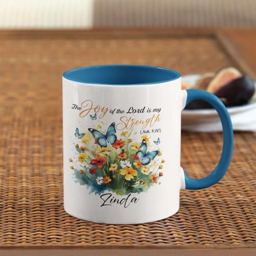 Butterfly And Flowers Design Mug, Custom Name Christian Themed Mug, Customized Bible Verse Bible Verse Mug, Personalized Inspirational Cup 11Oz Or 15Oz, Gifts For Christian Women - color: TRI-1223-1148-GOD IS MY STRENGTH MUG