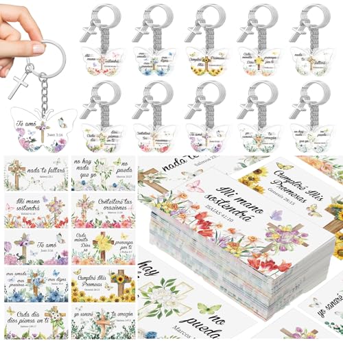 Sureio 100 Sets Spanish Christian Keychain and Cards - style: Classic Butterfly