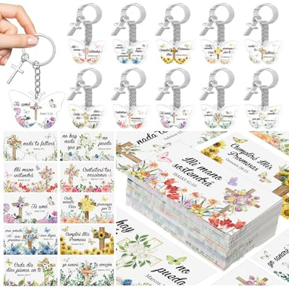 Sureio 100 Sets Spanish Christian Keychain and Cards - style: Classic Butterfly