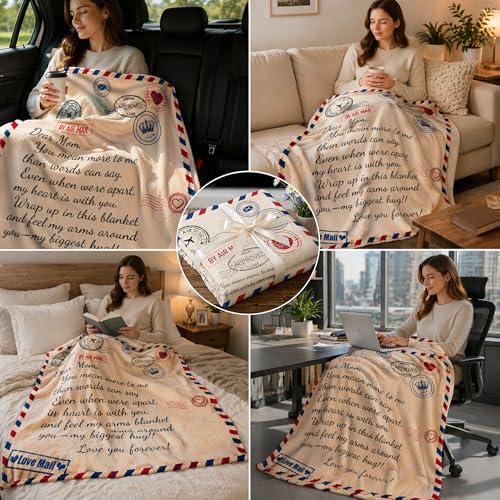 Birthday Gifts for Mum from Daughter Son,to My Mom Soft Throw Blanket, Custom Air Mail Love Letter Dear Mother Cozy Flannel Blanket Presents for Mom 50x60 Inches - color: Off-white(letter-english）