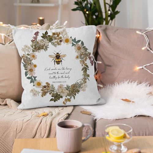 Christian Bee Throw Pillow Covers 18x18, Bumble Bee Flower Wreath Decorative Pillow Covers for Home Living Room Bedroom, Floral Pillowcases, Religious Bible Verse Decor Accent Pillows Cover - color: Bee