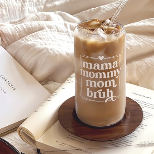 SANDJEST Mother Glass Can, Mama Mommy Mom Bruh Cup with Lid & Straw, Iced Coffee Aesthetic Cups, Idea Gift for Christmas Birthday Mother Day, Gifts for Women, 16oz - color: Mom 3