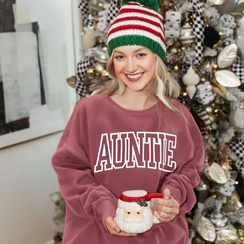 Womens Auntie Sweatshirt Auntie Letter Print Crewneck Long Sleeve Pullover Top Women Embroidered Sweatshirt - color: Pink, size: Small