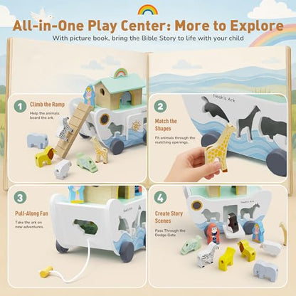 GiggleGems Noah's Ark Wooden Toy - All-in-1 Push Pull Shape Sorter for Toddlers - Montessori Animal Matching Set - Baptism Christening Gift for Birthday, Religious Toys for Boys Girls (18M+)