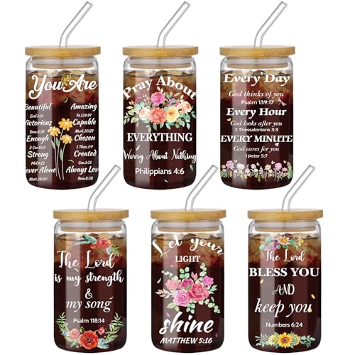 Sumind 6 Set Christian Bible Verse Glass Cups 16 oz with Lid and Straw