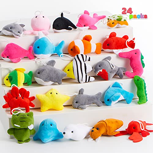 JOYIN 24 Pcs Mini Sea Animal Plush Toys (24 Units 2"-3"), Stuffed Sea Animal Bulk for Kids Birthday Party Favors, Pinata Fillers, Goodie Bag Fillers, School Prizes,Carnival Party Supplies - style: Sea Animals