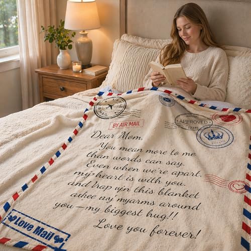 Birthday Gifts for Mum from Daughter Son,to My Mom Soft Throw Blanket, Custom Air Mail Love Letter Dear Mother Cozy Flannel Blanket Presents for Mom 50x60 Inches - color: Off-white(letter-english）