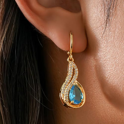 18K Gold Plated, Dangle Earrings for Women, Flower/Heart Drop earrings, Hypoallergenic Cubic Zirconia Earrings, Lightweight, Party, gold earrings, Jewelry for Gifts, Fashion - style: 0833-Blue