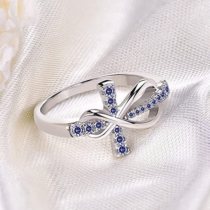 JO WISDOM 925 Sterling Silver Cubic Zirconia Cross Infinity Ring - color: December,tanzanite Color