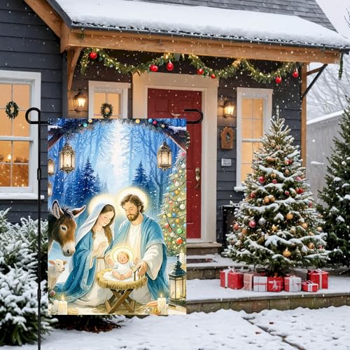IVN Merry Christmas Nativity Scene Garden Flag 12x18 Inch Double Sided - color: Holy Family Blue