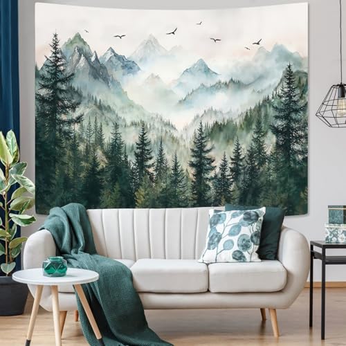 Zussun Misty Forest Mountain Tapestry Sage Green Nature Pine Tree Tapestry for Bedroom Aesthetic Watercolor Foggy Woodlands Birds Landscape Tapestries Wall Hanging for Living Room Dorm 48 x 36 Inch - color: Dark Green, size: 48"L x 36"W