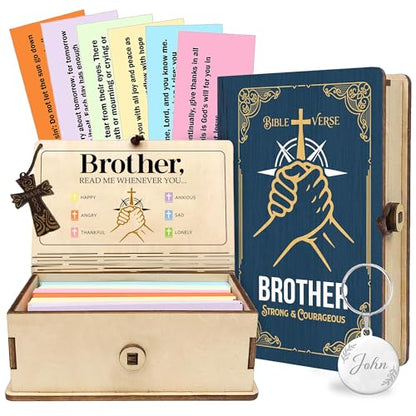 Personalized Bible Verse Box for Brother with Prayer Cross, 150 Color-Coded Scripture Cards, Custom Name with Keychain, Christian Gift, Faith Encouragement Keepsake for Men - color: Brother