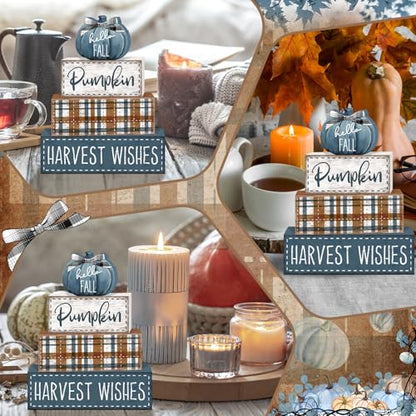 Britimes Fall Farmhouse Tiered Tray Decor Set, 4 Pack, Wooden - color: Blue Pumpkin