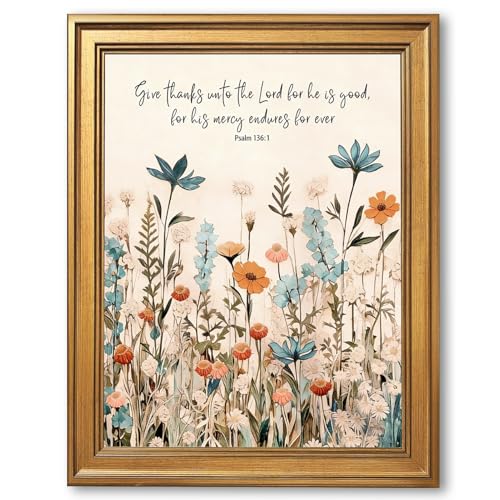 Framed Christian Scripture Wall Art Painting Give Thanks to the Lord Psalm 1361 Floral Print Inspirational Bible Verse Picture Poster Wildflower Faith Decor Canvas Artwork for Home Office 12x16inch - color: 2-Floral Scripture, size: 12"L x 16"W