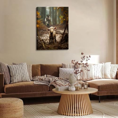 Jesus and Lamb Canvas Wall Art Jesus Running After Lost Sheep Wall Decor Christian Baptism gifts Lamb of God Painting Poster Print Artwork for Living Room Bedroom Church Decor 24X36 in canvas - color: Jesus02, size: 24"L x 36"W
