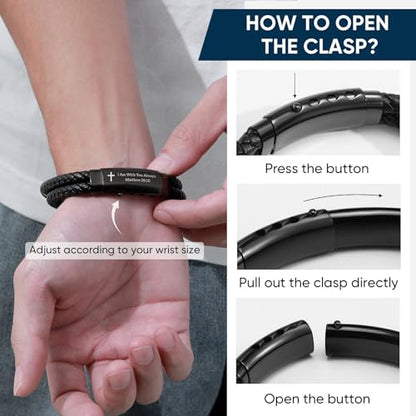 Men's Cross Bracelet Handsome Inspirational Quote Bible Verse Engraved Black Braided Leather Bracelets for Men Religious Jewelry Christmas Baptism Confirmation Christian Gifts for Son Husband Man - style: 04: I am with you always