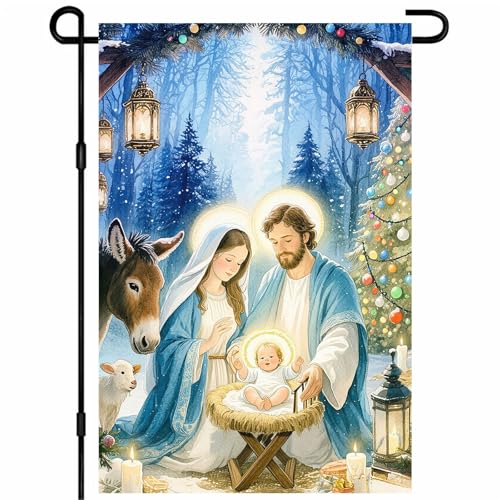 IVN Merry Christmas Nativity Scene Garden Flag 12x18 Inch Double Sided - color: Holy Family Blue