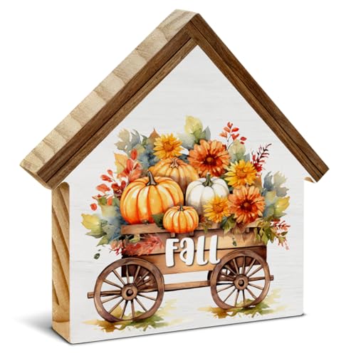 Fall Sign Decor, Pumpkin Harvest House Shaped Wood Block Sign - color: Fall-1