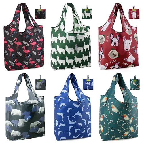 BeeGreen Animal Reusable Shopping Bags Cute Grocery Bag 6 Pack, Christmas Gift Bags Heavy-Duty Foldable Shopping Totes for Supermarket, Work & Travel, Large Washable Polyester Tote Bag with Handles - color: Blue, black, green, red