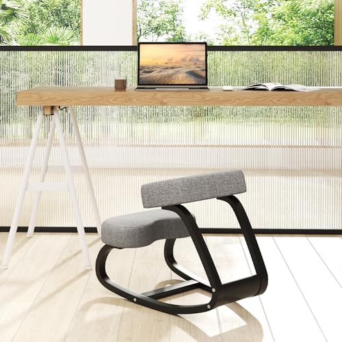 Goplus Ergonomic Kneeling Chair, Rocking Upright Posture Chair with Soft Seat & Knee Pads, Wooden Backless Knee Chair Relieves Neck Back Pain for Home Office Study, Gray and Black