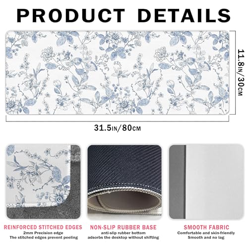Light Blue Mouse Pad, Blue Flroal Desk Mat for Desk 31.5x11.8 - color: Chinoiserie Blue Flroal, size: 31.5L x 11.8W inches