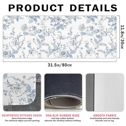 Light Blue Mouse Pad, Blue Flroal Desk Mat for Desk 31.5x11.8 - color: Chinoiserie Blue Flroal, size: 31.5L x 11.8W inches