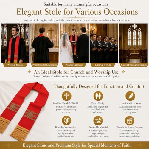 FAD-4U Catholic Clergy Stole with Embroidery Stole Priest Mass Stole Pastor Stole - color: Red