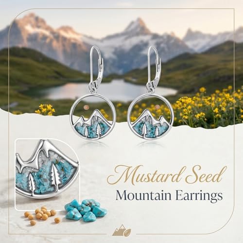 Mountain Mustard Seed Earrings for Women 925 Sterling Silver Lotus/Cross Dangle Drop Earring Christian Jewelry Outdoor Birthday Graduation Gifts - style: Mountain-Turquoise