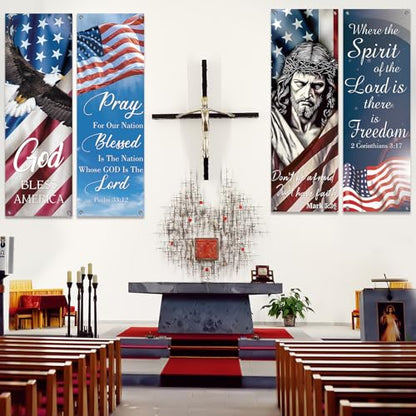 4Pcs Independence Day Church Banners for Sanctuary Wall 250 Anniversary USA 4th of July Religious Hanging Backdrop Church Banner with Scripture Worship Bible Verses for Patriotic Holiday Decor - style: Independence Day