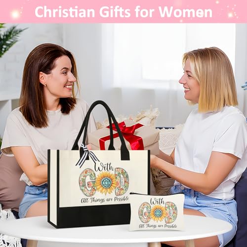 Tecanne Christian Gifts for Women, Canvas Tote Bag with Makeup Bag - color: Christian Gifts