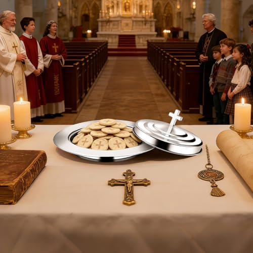 Silver Communion Bread Tray with Lid, Stainless Steel Holy Communion Tray for Churches, Polished Church Supplies Ware (304 Stainless) - color: Silver Communion Bread Tray