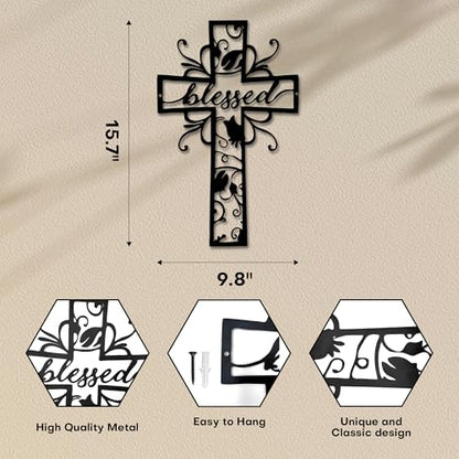 Rajukit Blessed Christian Metal Cross Wall Art for Home - color: Blessed