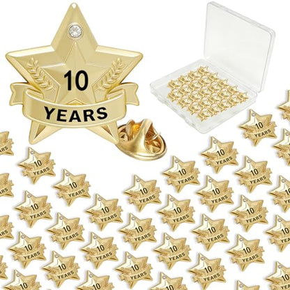 Years of Service Pins, Gold Star Pin for 1-30 Year Work Anniversary, Long Standing Employee Recognition Award Star Pins for Staff, Team & Volunteers - style: 10 Years