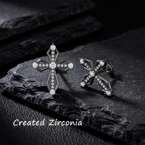 Sterling Silver Dainty Cross Earrings For Women, Christian Religious Faith Cubic Zirconia Stud Earrings - color: black