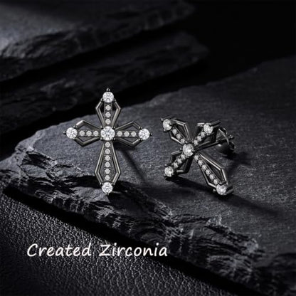 Sterling Silver Dainty Cross Earrings For Women, Christian Religious Faith Cubic Zirconia Stud Earrings - color: black
