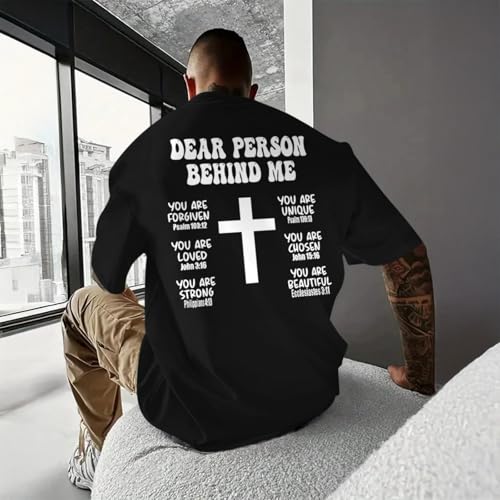 Mens Christian Bible Verse Shirts Dear Person Behind Me T Shirt Religious Jesus Inspirational Cross Graphic Tees - color: Black, size: Large
