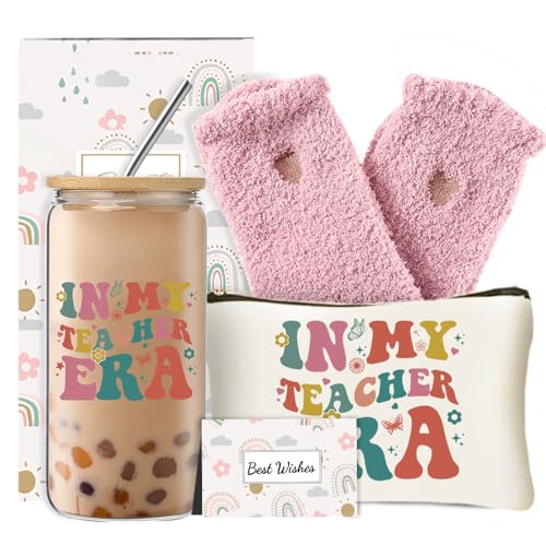 DHQH Best Teacher Appreciation Gifts for Women, Teacher Christmas Thank You Gifts Basket with 16OZ Glass Cup Makeup Bag - style: teacher newa glass