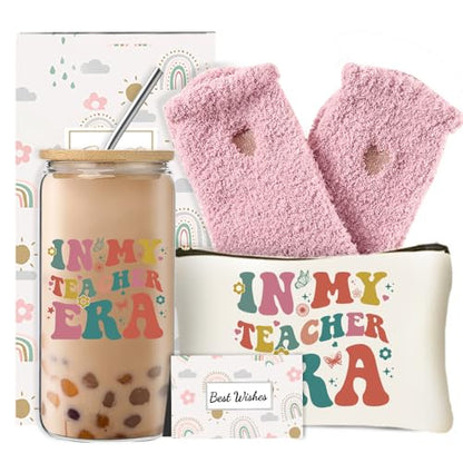 DHQH Best Teacher Appreciation Gifts for Women, Teacher Christmas Thank You Gifts Basket with 16OZ Glass Cup Makeup Bag - style: teacher newa glass