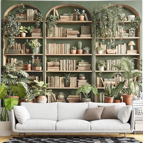 Accnicc Sage Green Plant Bookshelf Tapestry Botanical Bookshelf Tapestries Wall Hanging Vintage Potted Plants Library Backdrop Extra Large Tapestry for Bedroom Living Room Dorm 90 x 68 inch - color: Sage Green, size: 90"L x 68"W