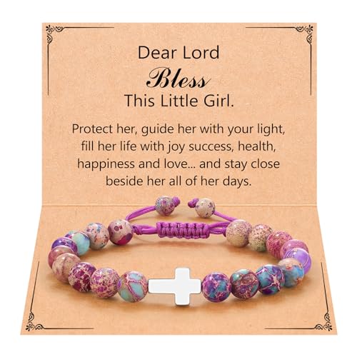 UPROMI Cross Bracelet for Girls Baptism Communion Confirmation Gifts, Kindergarten/Preschool/5th Grade/8th Grade Graduation Gifts - style: Dear Lord bless this little girl - Violet