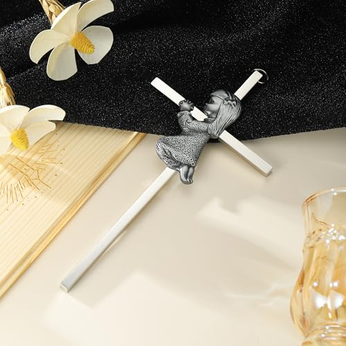 Baptism Gifts for Boys & Girls,First Communion Gifts for Kids,Christening Baby Shower Party 6in Praying Cross (1pc Silver Girl with Wooden Box) - color: Pink