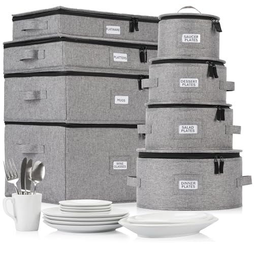 8pcs Hard Shell China Dinnerware Storage Containers with Lid - Heavy Duty Mug, Wine Glass, Platter, Silverware and Plate Storage Box - style: 8pc Set