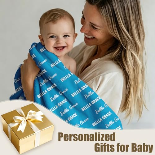 Ships Next Day, Personalized Baby Blanket with Name - Custom Newborn Hospital Swaddle Blanket, Super Soft Plush Flannel Baby Gift for Birth Announcement Shower Easter Gifts for Toddler Kids - color: Blue