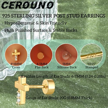 CEROUNO Flat Back Stud Earrings - 925 Sterling Silver Post Flatback Earrings Gold Silver Cubic Zirconia Earrings Studs for Women - color: Gold Cross
