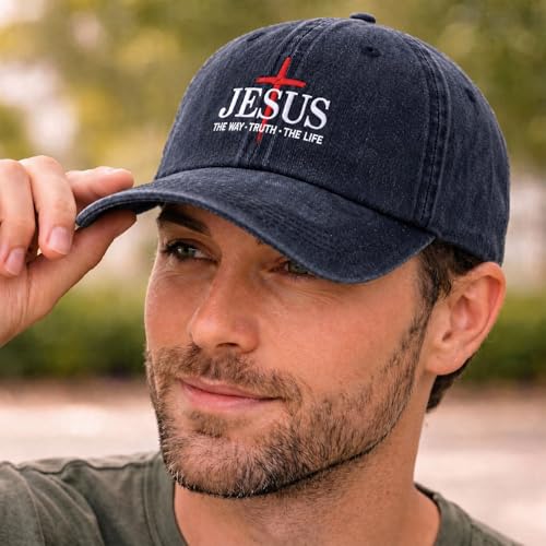 BINTEHGS Mens Christian Faith Embroidered Hat Jesus The Way The Truth The Life Baseball Cap Cross Adjustable Trucker Hats - color: Navy Blue