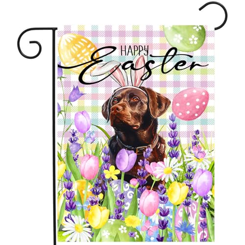 Happy Easter Labrador Dog Garden Flag Chocolate Lab Spring Flags Buffalo Plaid Bunny Eggs Yard Flag for Outside 12x18 Double Sided Small Decorative Floral Outdoor Flag - color: easter-chocolate
