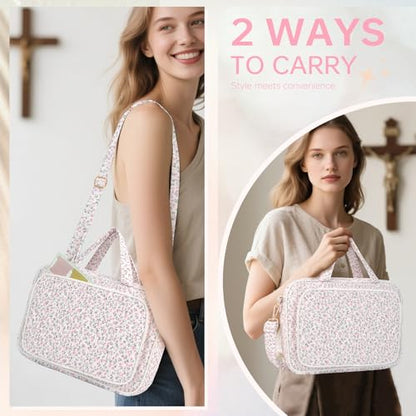 Bible Cover Case for Women Bible Study Supplies Church Camp Essentials Christian Gifts for Women Journaling Kit Quilted Large Bible Book Sleeve (Pink Flowers, Large) - color: Pink Flowers