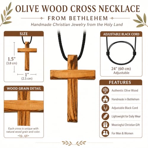 Olive Wood Cross Necklace from Bethlehem – 1.5" Wooden Crucifix Pendant with 24" Adjustable Black Cord, Christian Jewelry for Men and Women