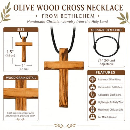 Olive Wood Cross Necklace from Bethlehem – 1.5" Wooden Crucifix Pendant with 24" Adjustable Black Cord, Christian Jewelry for Men and Women